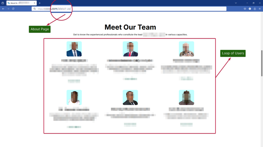 About page of a website showing a change of context with a loop of users where each item within the loop grid has a different context form the page.