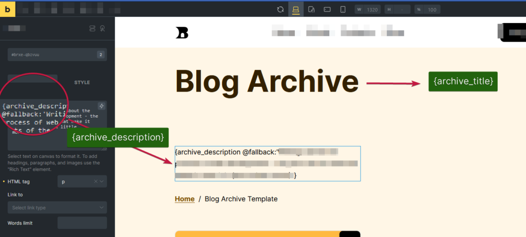 Screenshot showing the use of the archive template to return dynamic data from the WordPress archive-specific context