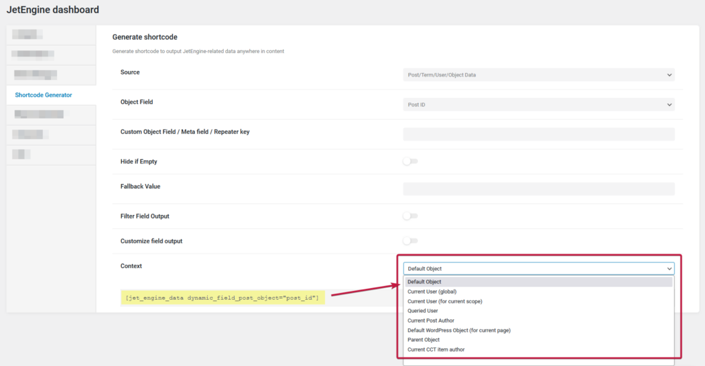 A screenshot showing all the items in the context menu of the shortcode generator of Jet Engine - signifying that WordPress context can be changed depending of the situation