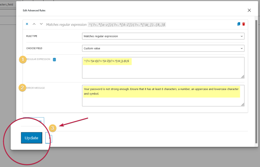 Screenshot of Advanced Rules modal after entering Regular expression value and error in JetFormBuilder