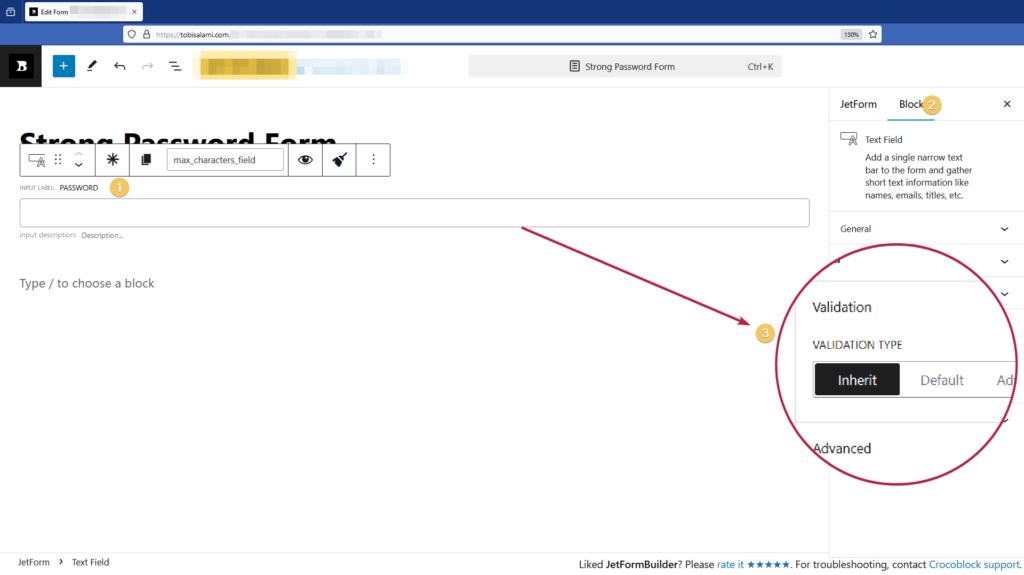 JetFormBuilder - Screenshot of the use of the Validation option when forcing strong passwords