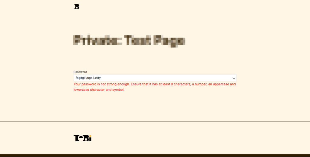 Screenshot of tobisalami.com with a jetformbuilder form where a weak password throws an error