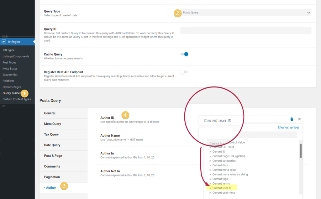 Using the jet engine query builder to show only posts Authored by current user only