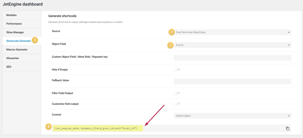 Screenshot of the Jet Engine Shortcode generator and its use to query the current post id of the current wordpress context