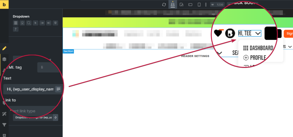 Bricks Builder interface showing the use of a user-specific wordpress context dynamic data type to query user name of logged in user