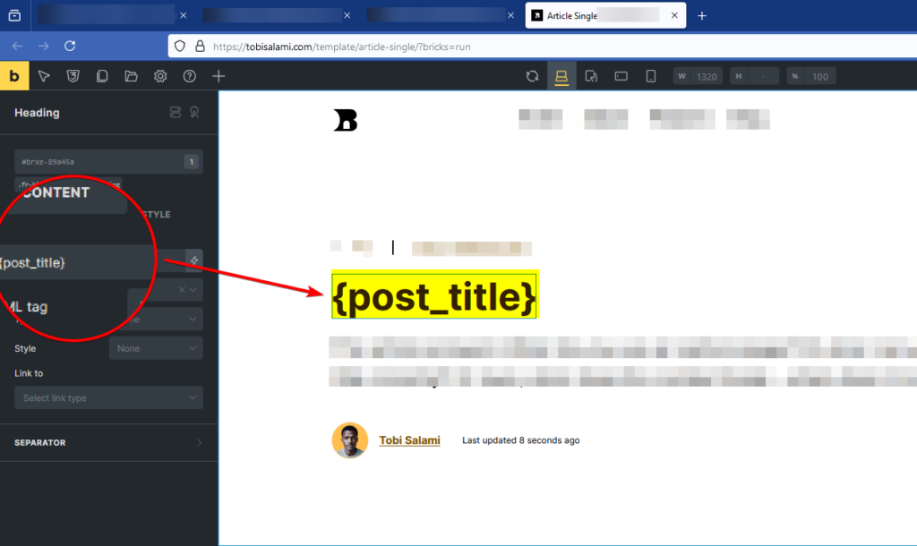 Screenshot of Post Single page showing the post_title dynamic data tag being used