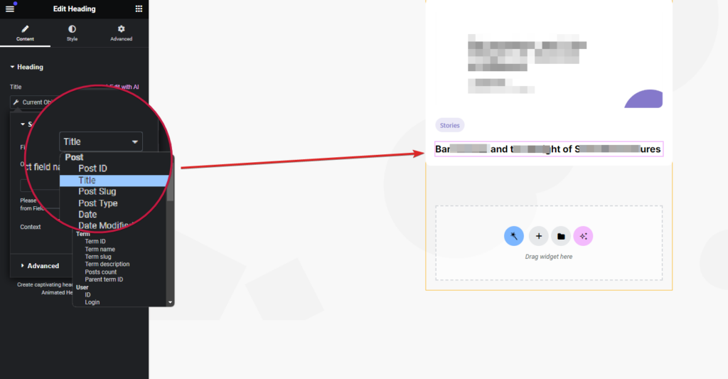 Inside a listing grid item showing the use of the "Title" dynamic tag to output listing item's title showing change of context