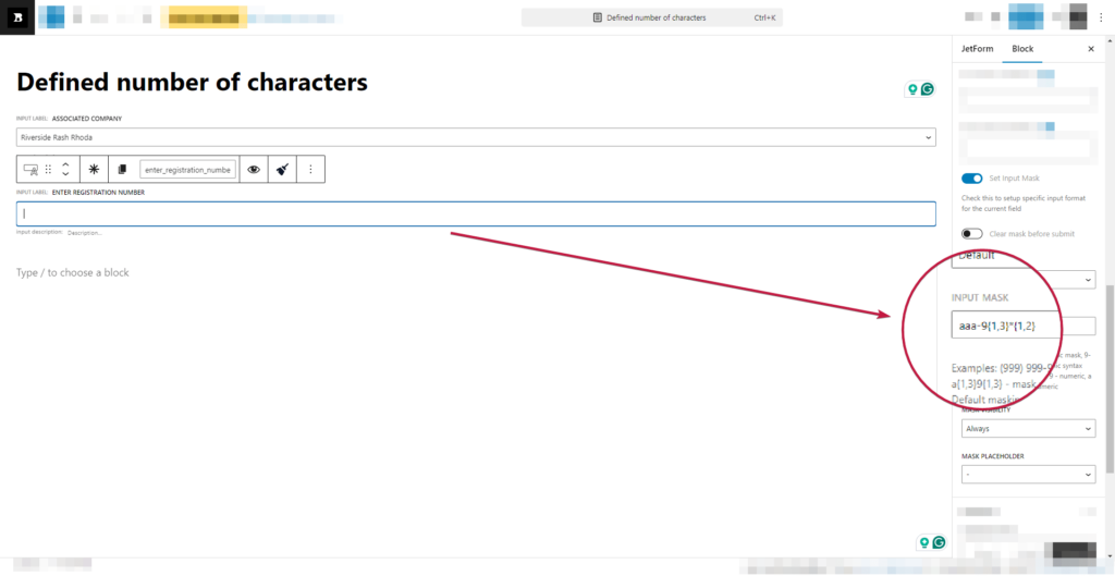 Screenshot showing the use of input masks in JetFormBuilder when defining the number of characters a user can enter