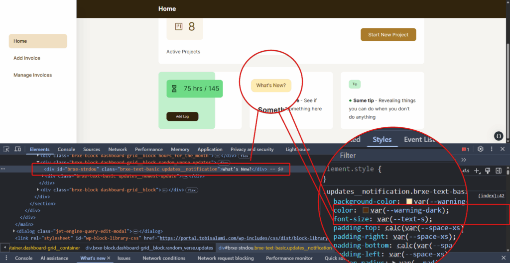 You Don’t Have to Write Code to Think and Build on the Web. Stop The Gatekeeping! 2 A screenshot of the same page in the frontend showing the print-out of color and font-size variables to determine the look of an element on the page.
