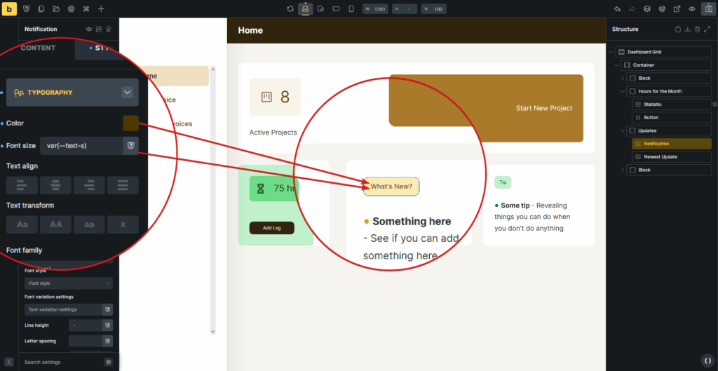 You Don’t Have to Write Code to Think and Build on the Web. Stop The Gatekeeping! 1 A screenshot of Bricks Builder showing the use of color and font-size variables to determine the look of an element on the page.